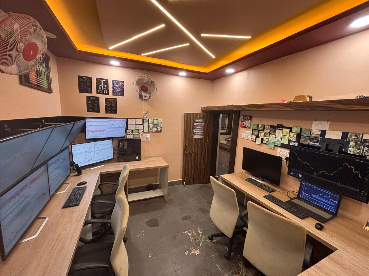 Institute trading room with multiple monitors showing live market charts